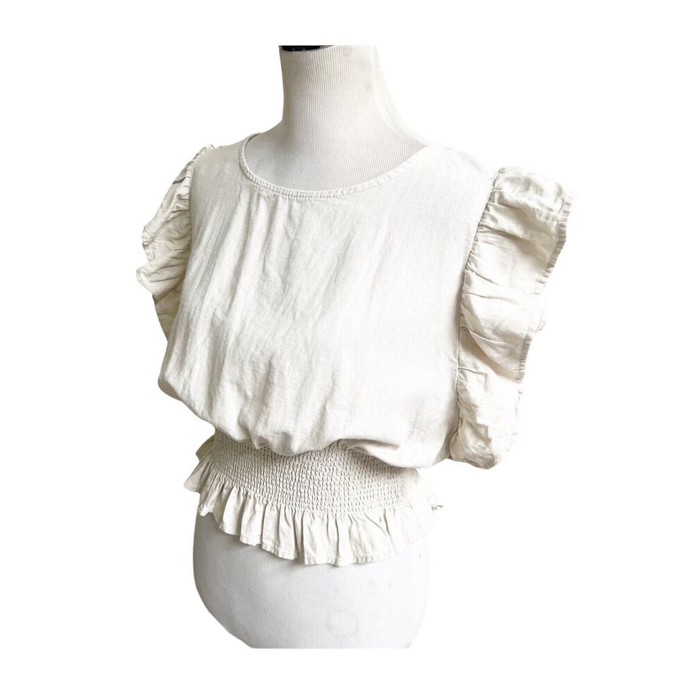 Cupcakes And Cashmere Linen Ruffled Smocked Cropped Blouse Size Medium